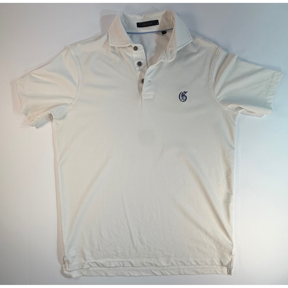 Greyson Clothiers Mens White Short Sleeve Golf Polo Shirt Size S Gothic G Logo